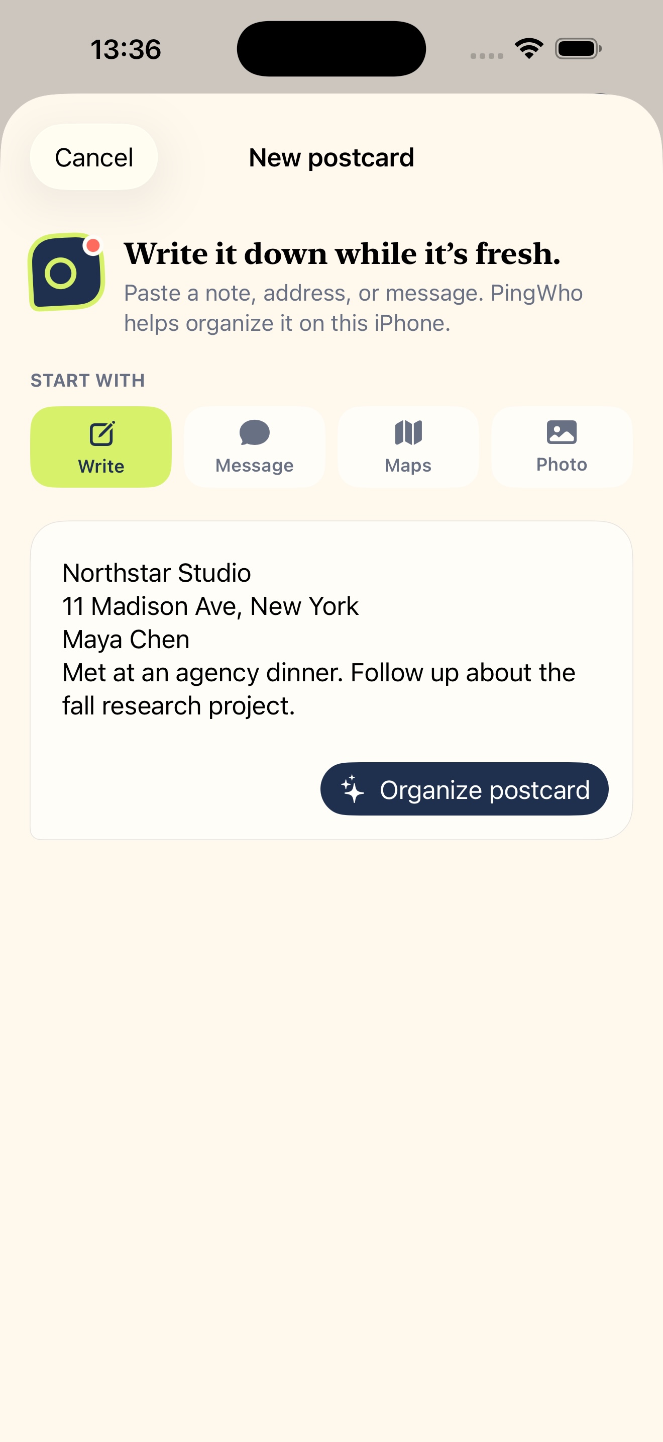 Create a relationship postcard in PingWho